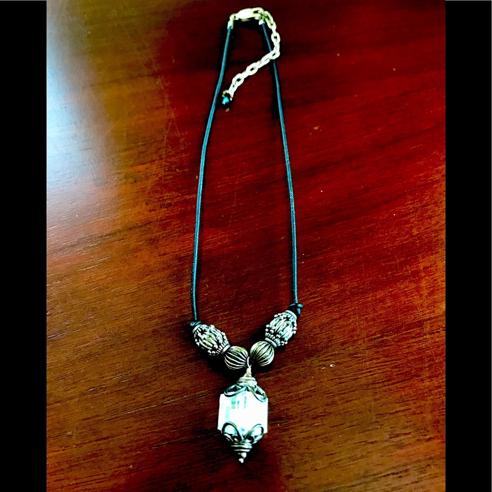 Crystal Lantern Necklace with Silver Beads & Black Cord